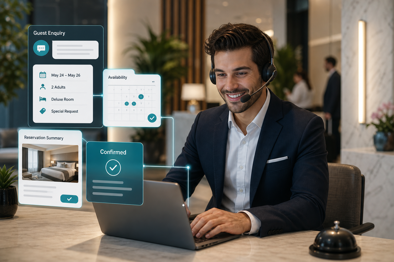 Hotel reservation call center agent supporting guest bookings