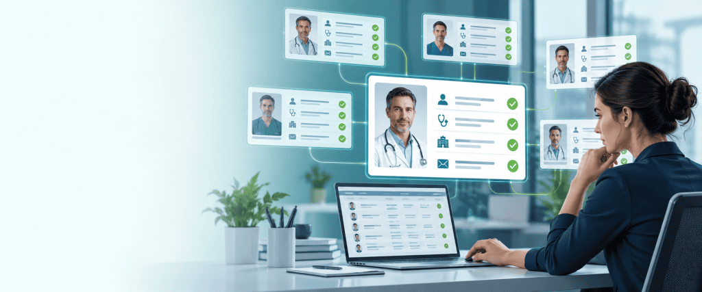 Healthcare professional database review for identity, specialty and affiliation verification